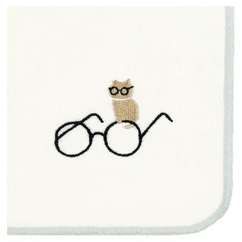 モール糸タオルハンカチ　ねことめがね