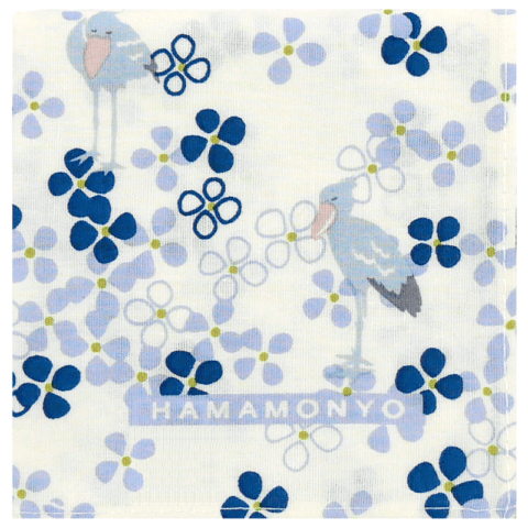 スクエアブロードハンカチ　あじさい便りとハシビロコウ