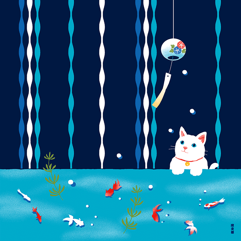 絵小布　猫と金魚の夏