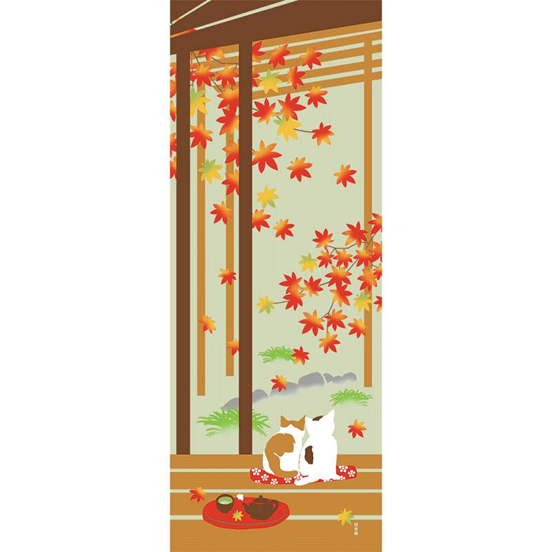 絵てぬぐい　縁側ねこ　紅葉の舞
