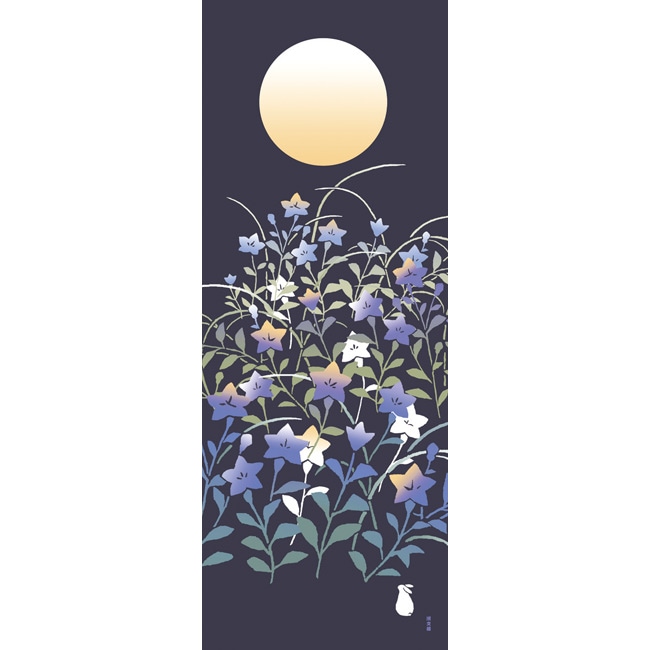 絵てぬぐい　桔梗に月明かり