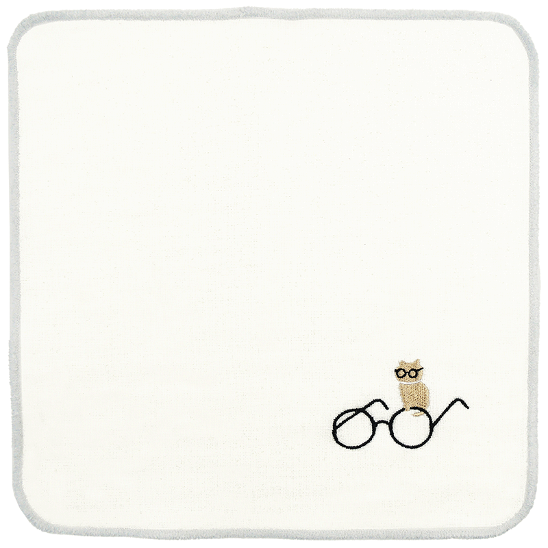 モール糸タオルハンカチ　ねことめがね