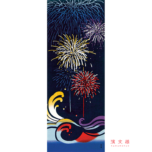 絵てぬぐい　花火と大波