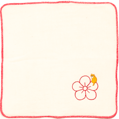 モール糸タオルハンカチ　梅に猫