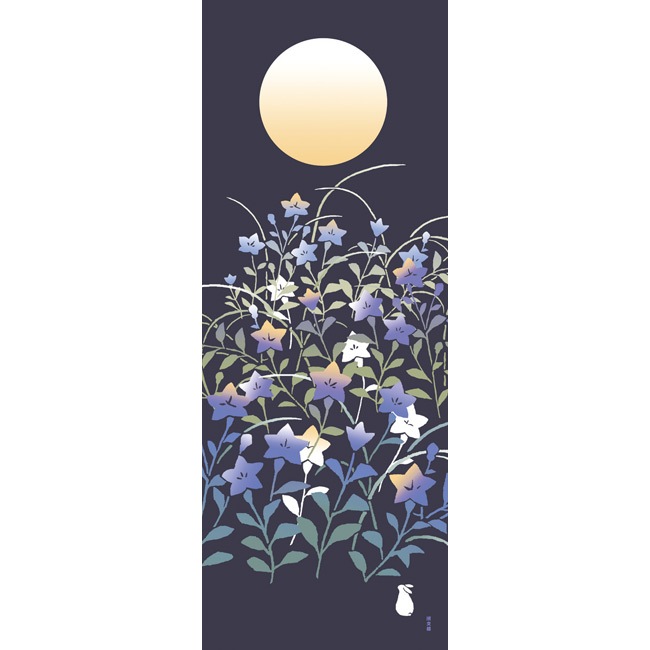 絵てぬぐい　桔梗に月明かり