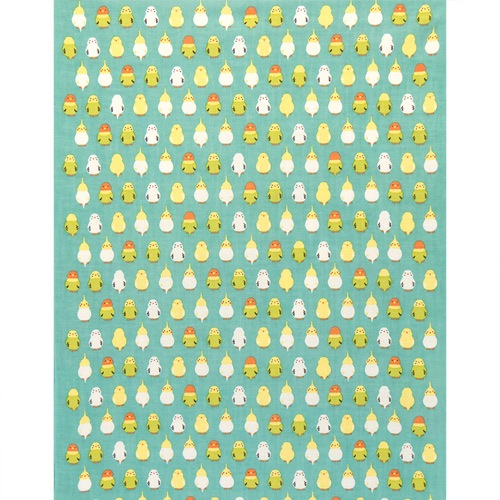 てぬぐいのはんかち　インコ並べ　エメグリーン