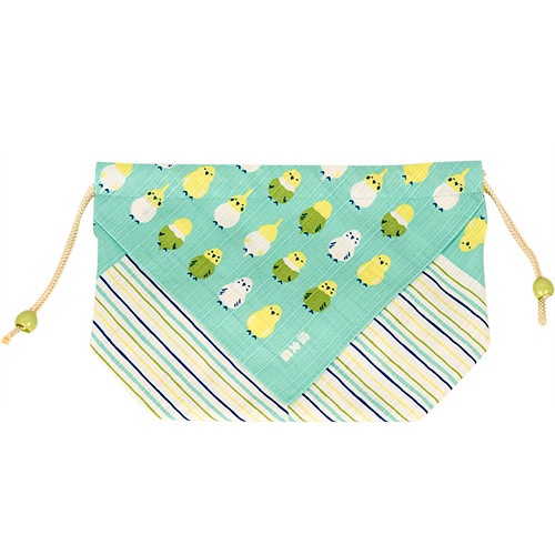 お弁当巾着　インコ並べ　エメブルー