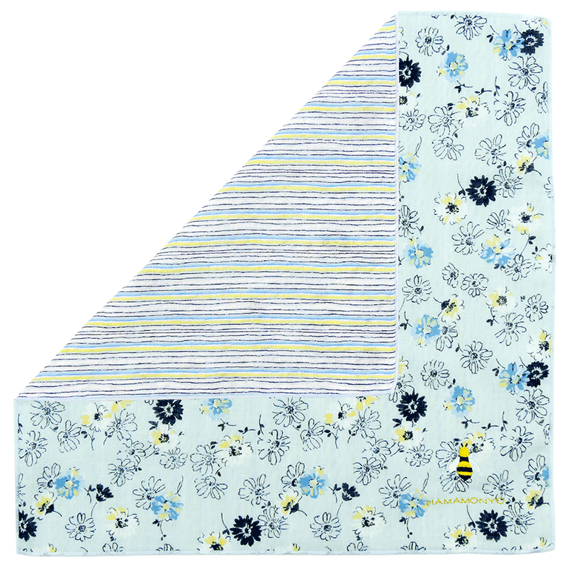 リバーシブルガーゼハンカチ　ソフトフラワーとミツバチ