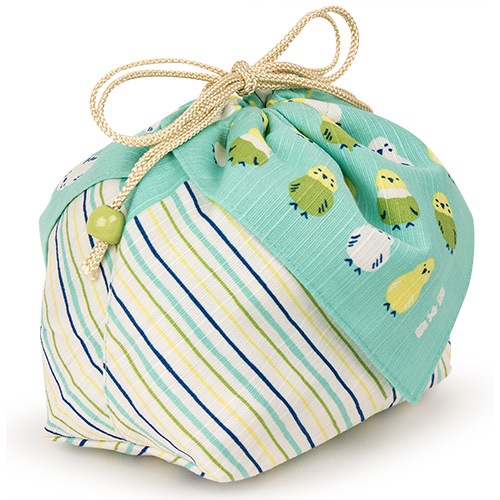 お弁当巾着　インコ並べ　エメブルー