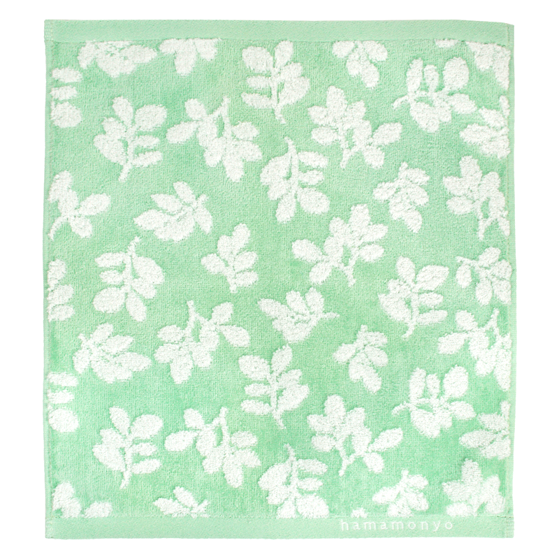 先染めハンドタオル　リーフ　エメグリーン