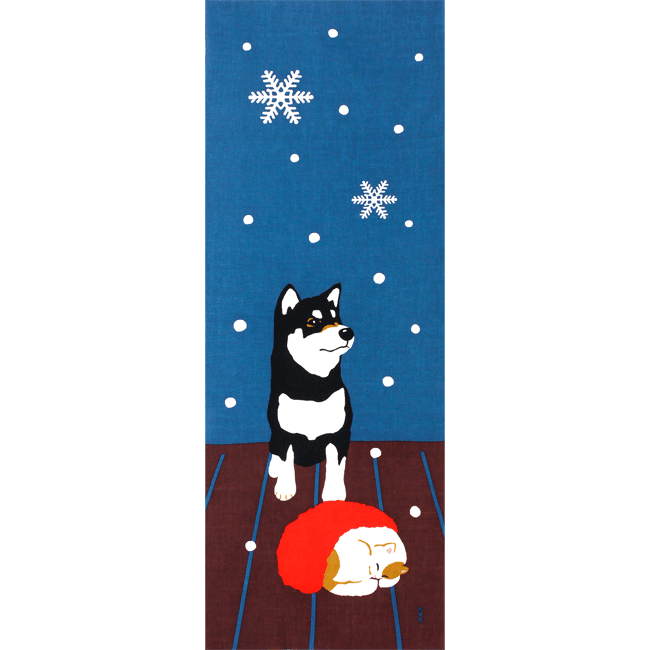 絵てぬぐい　黒柴くんと雪