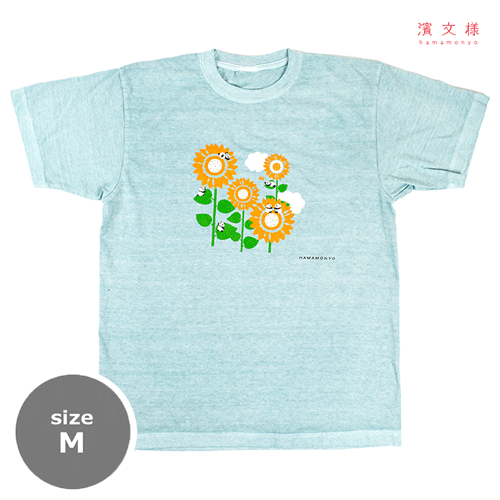 ピグメント染めTシャツM　向日葵とパンダ　ブルー