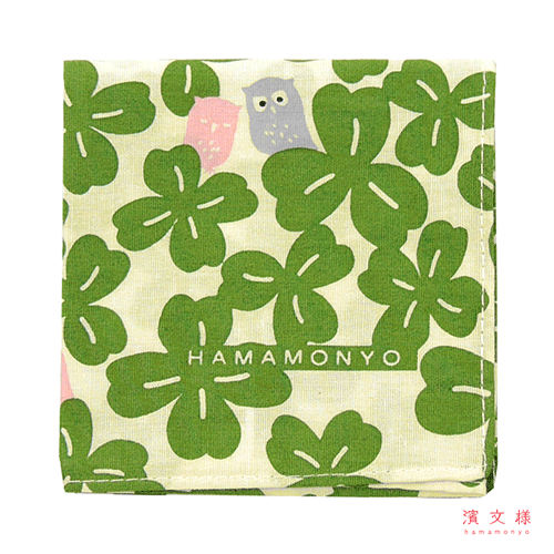 スクエアブロードハンカチ　クローバーと福ふくろう