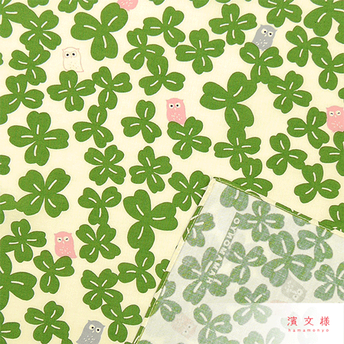 スクエアブロードハンカチ　クローバーと福ふくろう