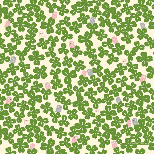 スクエアブロードハンカチ　クローバーと福ふくろう