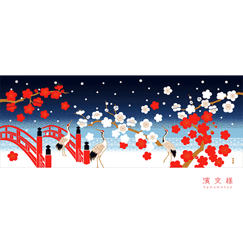 絵てぬぐい　紅白梅と雪