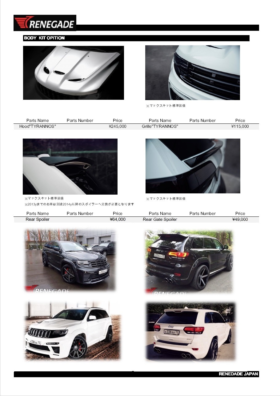 日本正規総代理店 ジープ グランドチェロキー Srt8用 Renegade社 Tyrannos ボディーキット Min Kit ダッジ ジープ クライスラ アメ車の専門店 充実のカスタムとサポートをご提供します パーツ通販可能です 自社輸入にて迅速にお取り寄せ可能です 新車 中古車も 日本正規総代理店 ジープ グランドチェロキー Srt8用 Renegade社 Tyrannos ボディーキット Min Kit ダッジ ジープ クライスラ アメ車の専門店 充実のカスタムとサポートをご提供します パーツ通販可能です 自社輸入にて迅速にお取り寄せ可能です 新車 中古車も