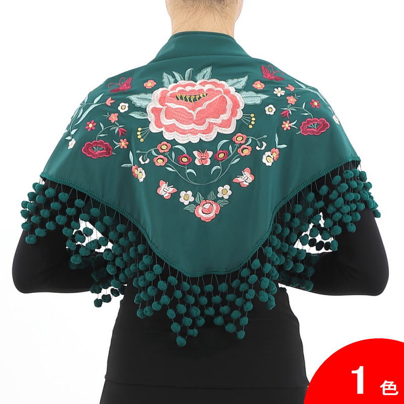 【フラメンコ用衣装 大判】フレコ・フリンジ付き ゴールドベージュ 刺繍花柄 フラメンコ用衣装 大判】フレコ・フリンジ付き ゴールドベージュ