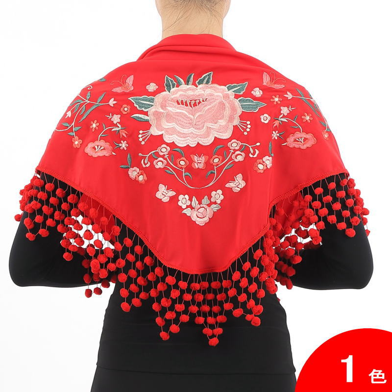 【美品】フラメンコ　シージョ刺繍　赤白 シルク製マントンシージョ（白と赤） | Feliz dia