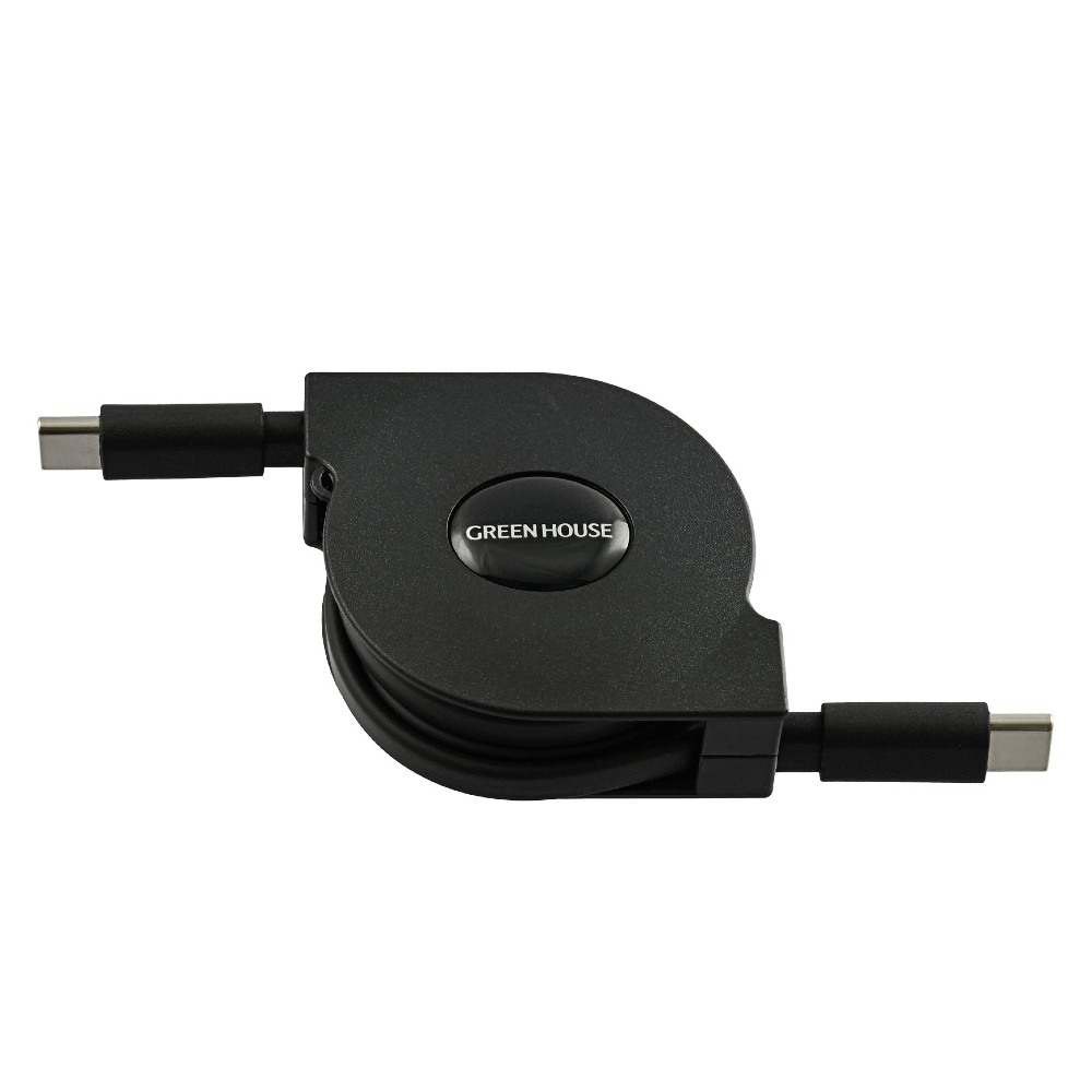 Type-C巻き取りUSB充電ケーブル PD100W対応 グリーンハウス USB-C(オス) to USB-C(オス) 最大1m ブラック GH-UMCA100-BK ◆メ