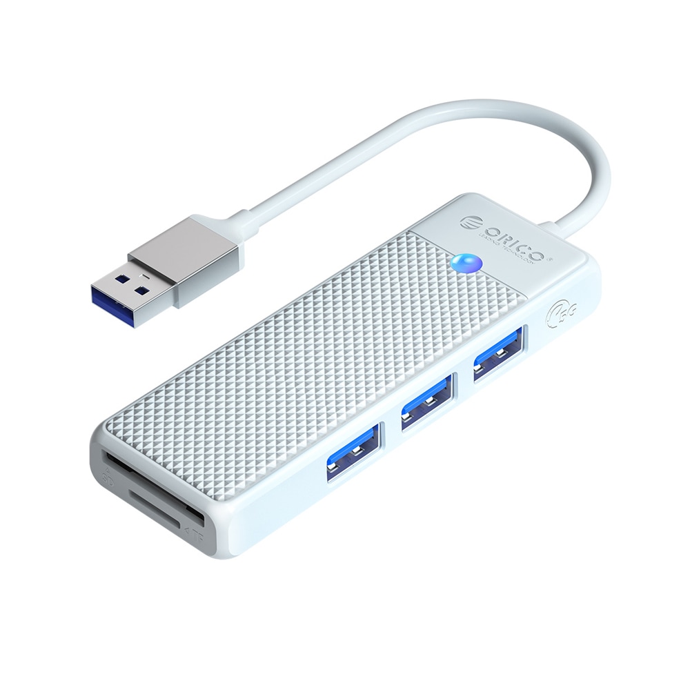 USB ハブ USB3.0 3ポート+USB3.0カードリーダー ORICO オリコ 高速 5Gbps バスパワー USB-A ×3 / SDスロット ×1 / microSDスロット ×1 USB-Aケーブル(15cm) ホワイト 海外リテール PAPW3AT-U3-015-WH-EP ◆メ