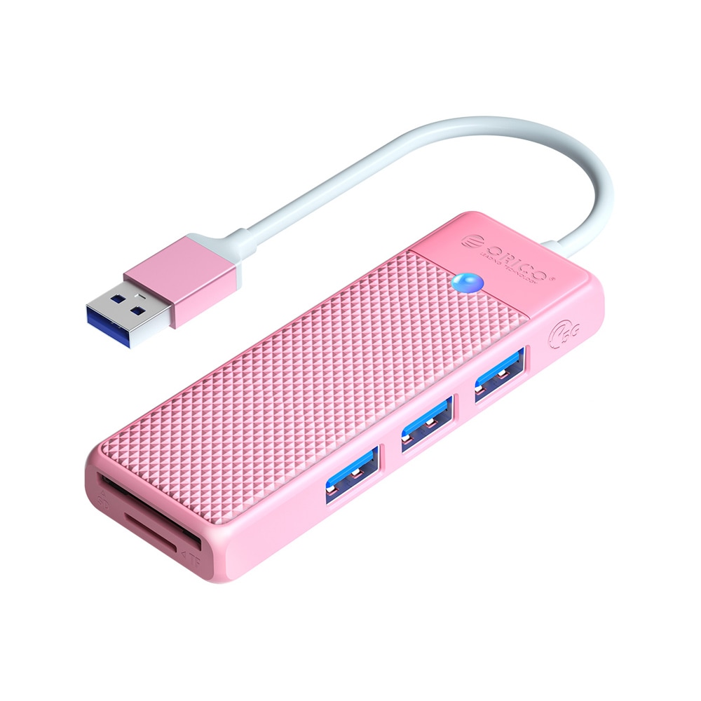 USB ハブ USB3.0 3ポート+USB3.0カードリーダー ORICO オリコ 高速 5Gbps バスパワー USB-A ×3 / SDスロット ×1 / microSDスロット ×1 USB-Aケーブル(15cm) ピンク 海外リテール PAPW3AT-U3-015-PK-EP ◆メ