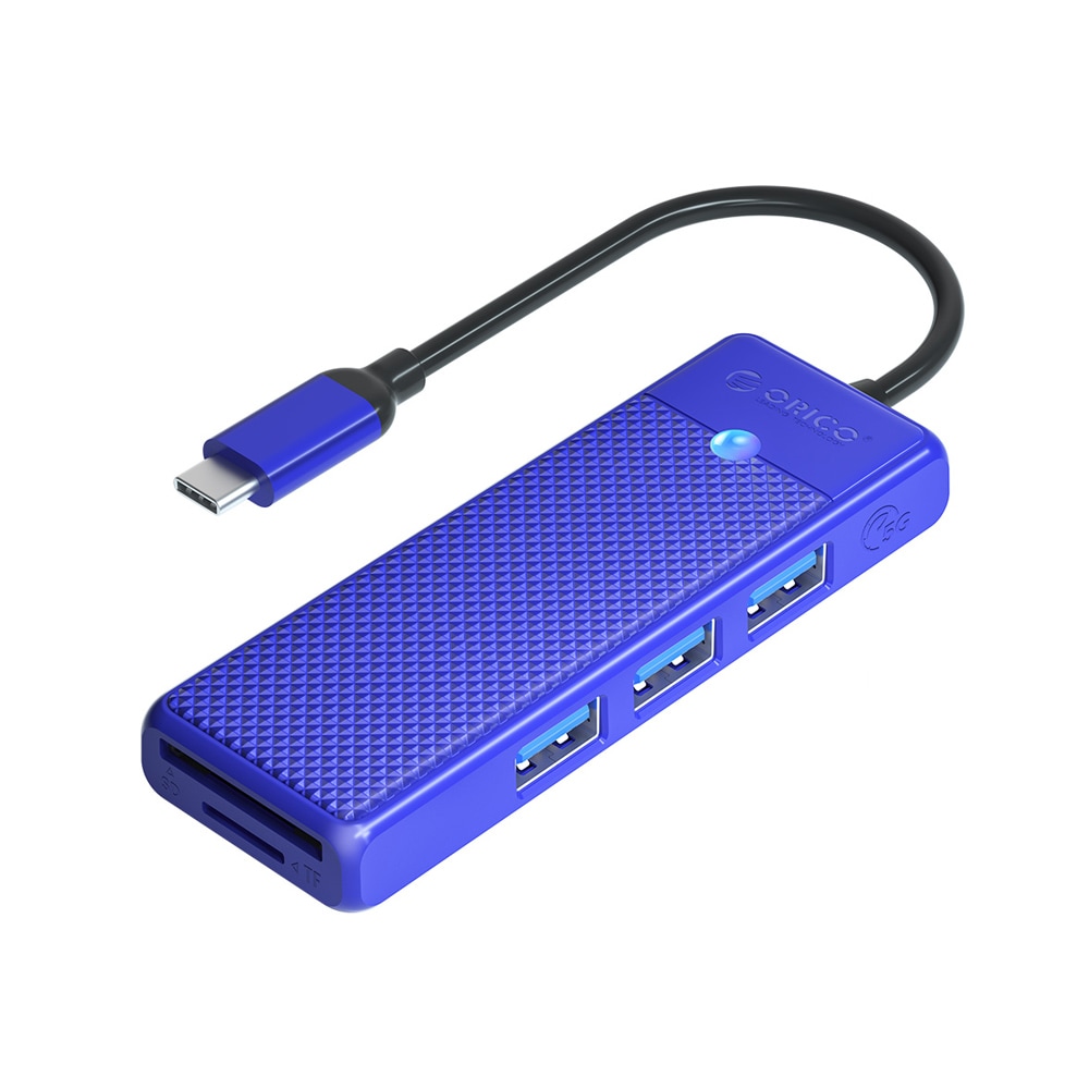 USB ハブ USB3.0 3ポート+USB3.0カードリーダー ORICO オリコ 高速 5Gbps バスパワー USB-A ×3 / SDスロット ×1 / microSDスロット ×1 USB-Cケーブル(15cm) ブルー 海外リテール PAPW3AT-C3-015-BL-EP ◆メ