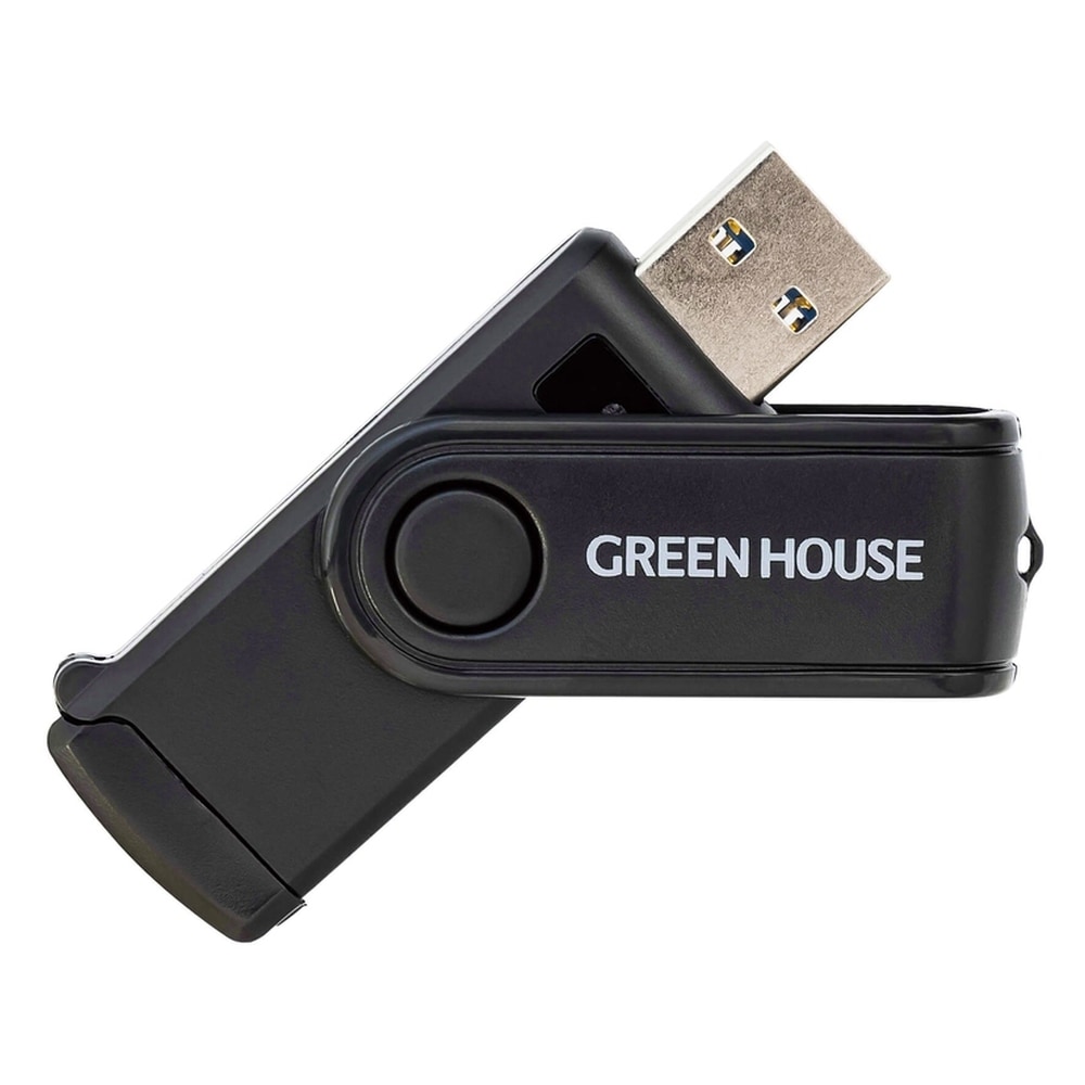 SD/microSDカードリーダーライター USB3.0 グリーンハウス 高速転送 USB-A 回転式キャップ ストラップホール付 ブラック GH-CRMU3A-BK ◆メ