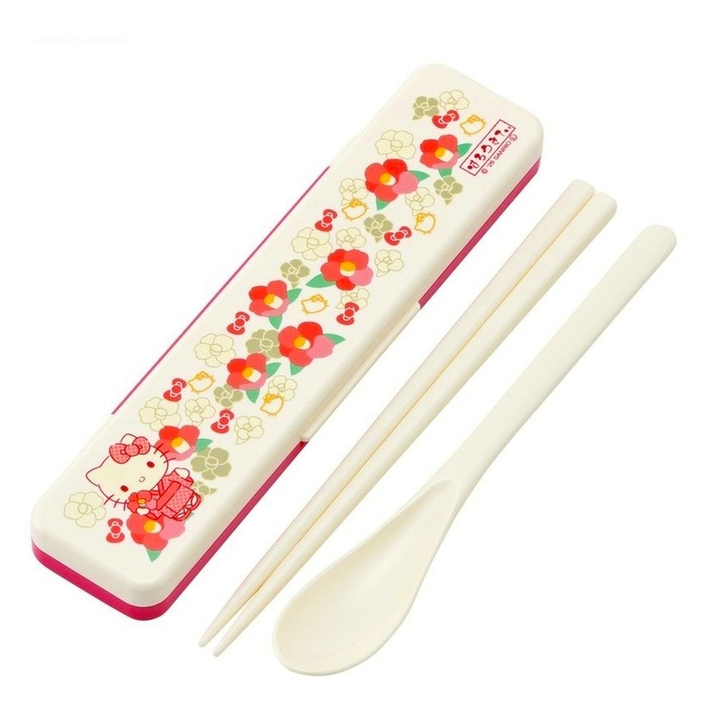 弁当用箸 ハローキティ 椿 音のならないコンビセット SKATER スケーター 子供 箸/スプーン18cm すべり止め加工 収納ケース 523403-CCS3SA ◆メ