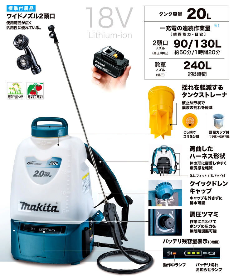 マキタ【makita】18V6.0Ah充電式噴霧器 背負式 タンク容量20L 最大圧力