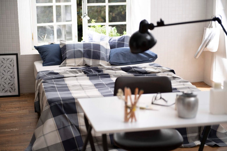Fab the home マルチカバー アクロス Lサイズ 210×270cm 綿100％ チェック柄 ブロックチェック ブルー ネイビー メンズ 北欧 おしゃれ ファブザホーム
