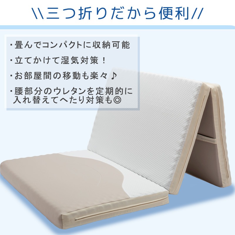 洗える三つ折りマットレス シングル QIREI 高反発 ウレタン マットレス 敷布団 体圧分散