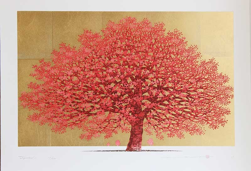 並木一　木版画「Tree Scene 75」1997年　300枚限定　風景画　緑 木版画のことなら『木版画 版元 芸艸堂 Woodblock print』