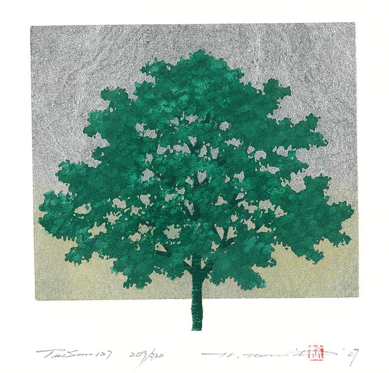 木版画 並木一 『木の風景』tree scene 直筆サイン　1990年　金箔 木版画 並木一 『木の風景』tree scene 直筆サイン 1990年 金箔