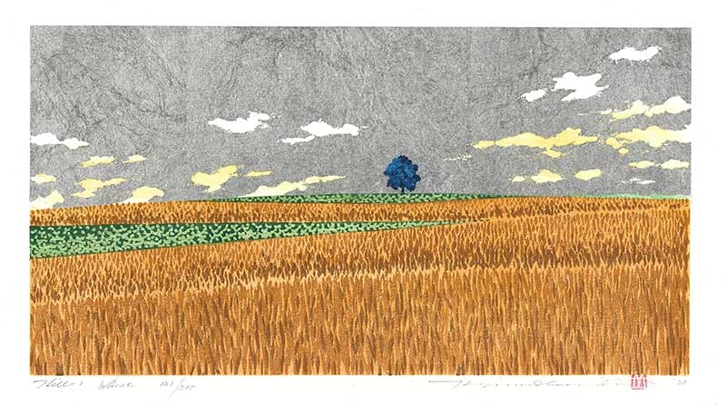 並木一 木版画 - Hill－1 wheat - Hajime Namiki Woodcut