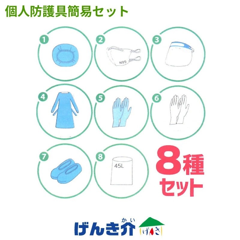 個人防護具簡易セット 使い捨てタイプ 1人用 8点セット フリーサイズ