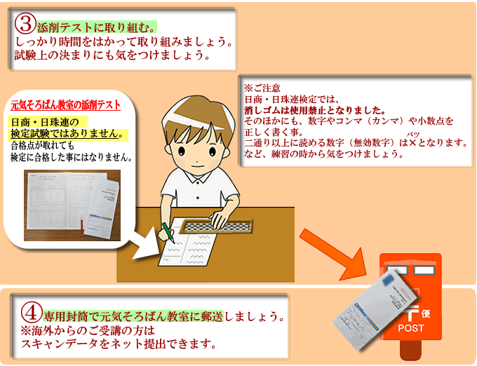 ③添削テストに取む。
じゅうぶんな練習ができたら、時間を計って添削テストに取り組もう。

④専用封筒（切手付き）で元気そろばん教室に提出しましょう。