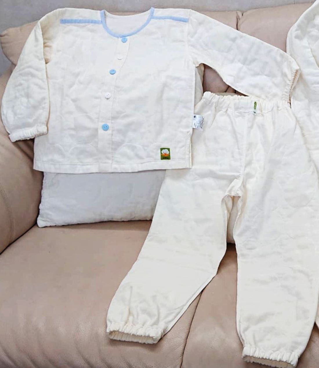 夏用（薄地）七分丈タイプ上下セット【キナリ×衿ブルー】子供用パシーマ生地のパジャマ