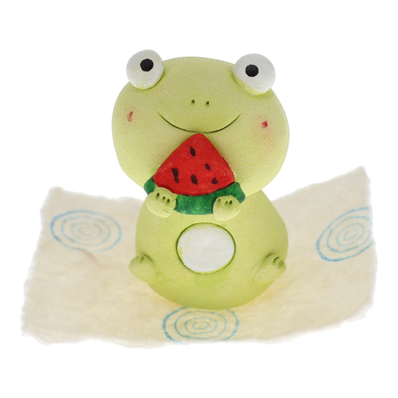 弥生窯 ほのぼのカエル西瓜 置物 工芸品 インテリア 日本製 縁起物 おみやげ 和雑貨 プレゼント ギフト