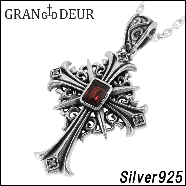 GRAN DEUR】フレア クロス ガーネット ホワイトサファイア 唐草