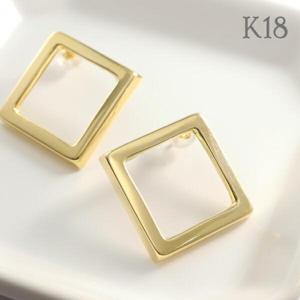 K18 ゴールド スクエア ピアス 2P 両耳用 18金 18k 金 ゴールドピアス スタッドピアス 地金 シルエット 記号 正方形 四角形 存在感 大きめ 大きい|レディースアクセサリー