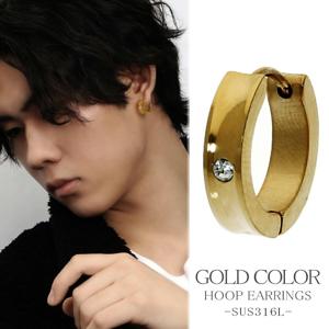 逆甲丸 ステンレス フープピアス 1P 片耳用 ゴールドカラー ピアス サージカルステンレス 金属アレルギーフリー シンプル ジルコニア リングピアス|メンズアクセサリー