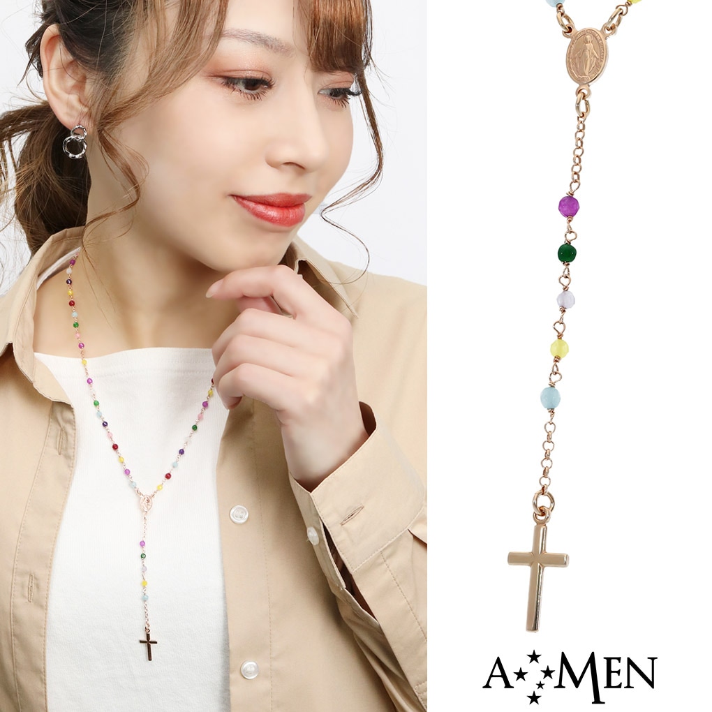 AMEN アメン 聖母マリア ピンクゴールド ロザリオネックレス マルチ