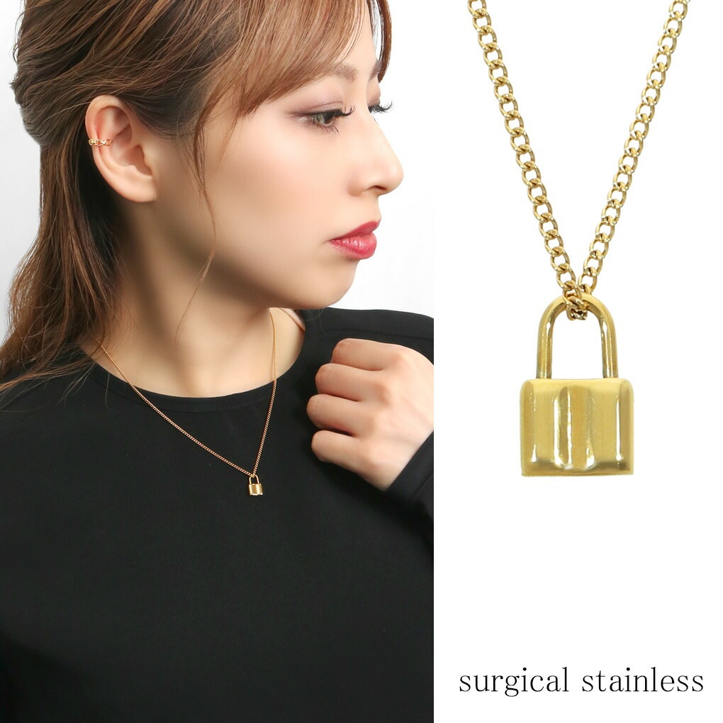 ステンレス パドロック ネックレス サージカルステンレス 18金 K18 18K
