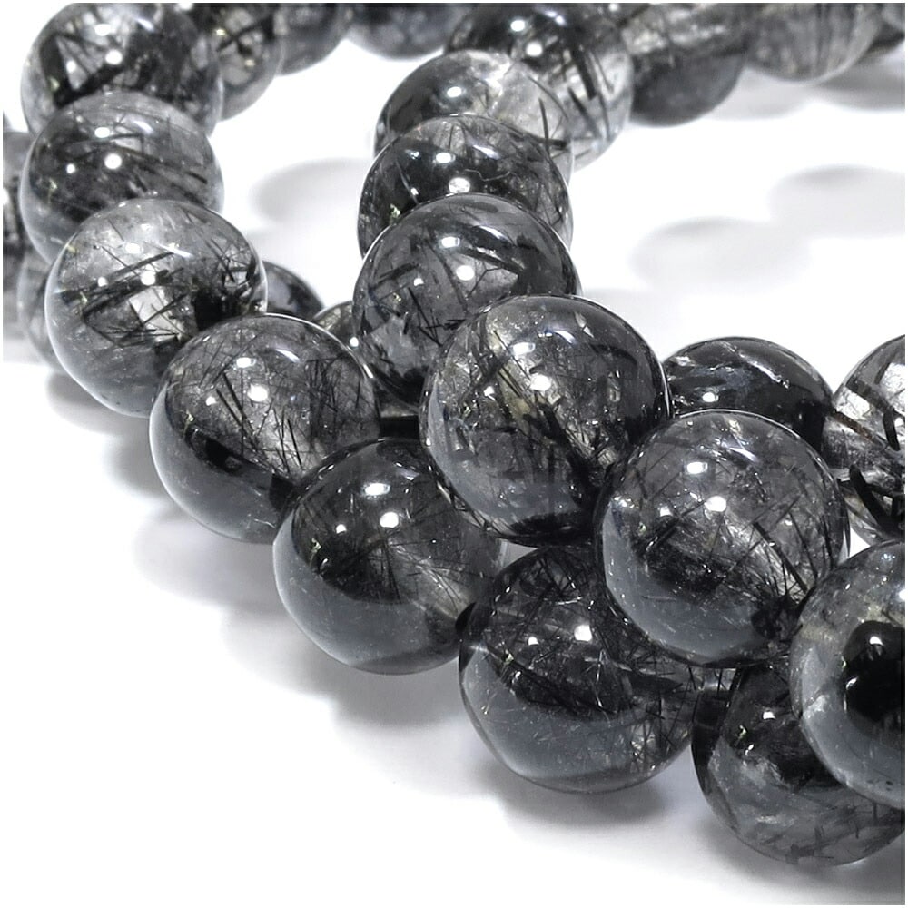 ブラックルチルクォーツ 7.5mm 天然石 ビーズ 丸玉 2玉セット 粒売り