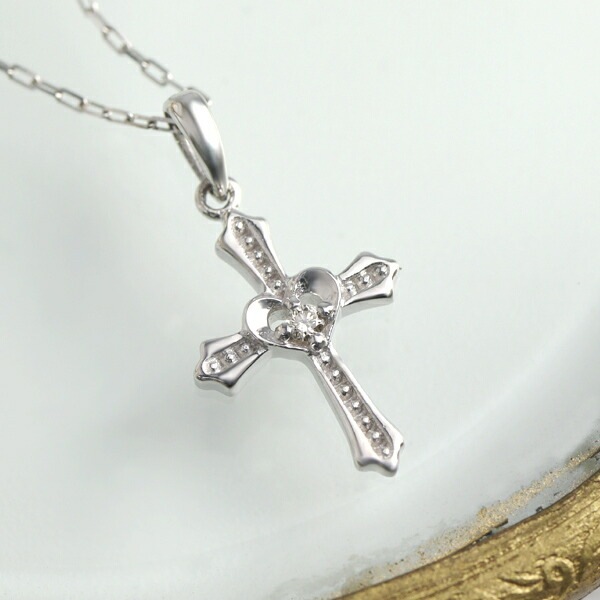 ダイヤモンド ハート クロス ホワイトゴールド ネックレス K10 10金  