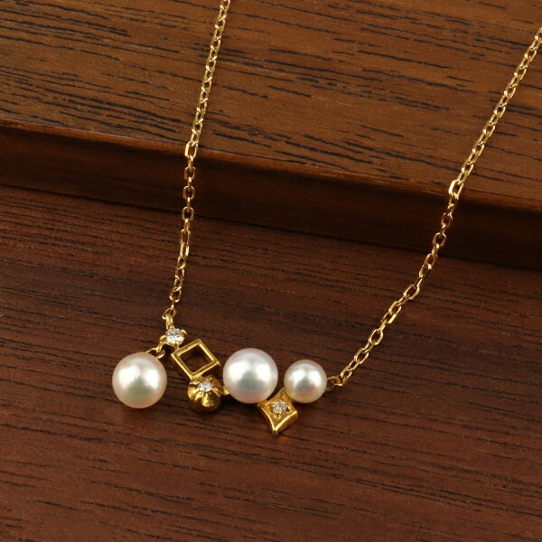 K18 あこや真珠 ダイヤモンド ランダム ラインネックレス 18金 18k