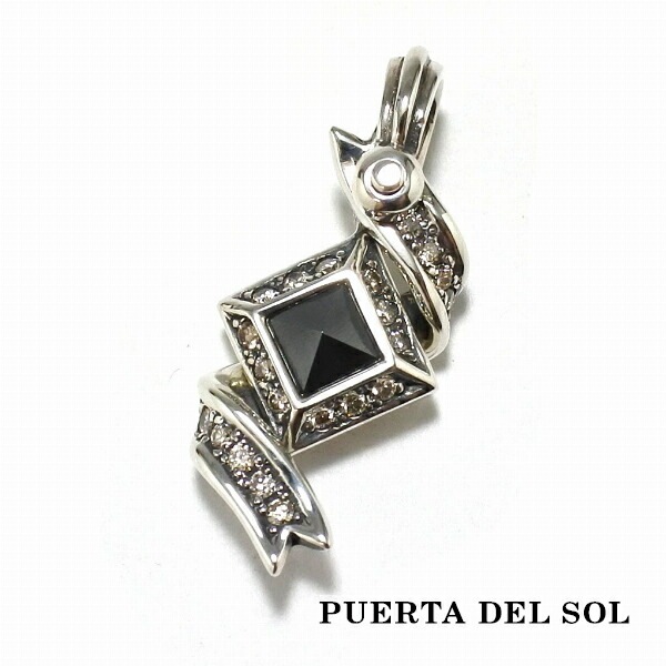 PUERTA DEL SOL ヘマタイト ダイヤモンド スクエア リボン ペンダント