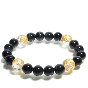 四神獣手彫りカット水晶12mm玉 金 19.5cm ブルータイガーアイ 青トラ目石 ブレスレット メンズLサイズ 天然石 パワーストーン お守り 開運 風水 メンズ 龍 虎 天然石ブレスレット パワー