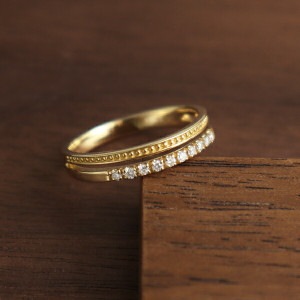 K18 二連 ダイヤモンド ハーフエタニティ ゴールドリング 18金 18k YG ゴールド リング 指輪 ミル打ち ミルグレイン エタニティ 天然 ダイヤ 上品 華奢 きれい 重ねづけ アクセサリー
